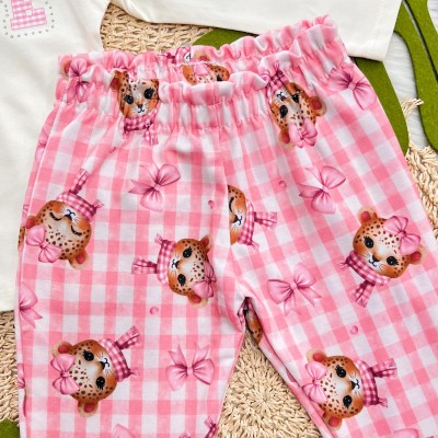 Conj. Blusa Manga Longa Oncinha Love e Calça Xadrez - Off White e Rosa